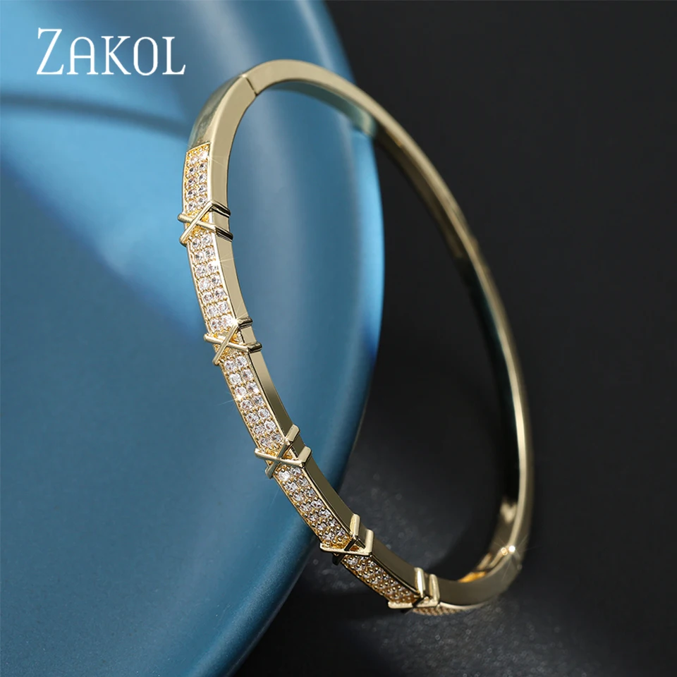 ZAKOL Luxury Shiny Zircon X Shaped Cross Bracelet Bangle for Women Men Exquisite Birthday Jewelry