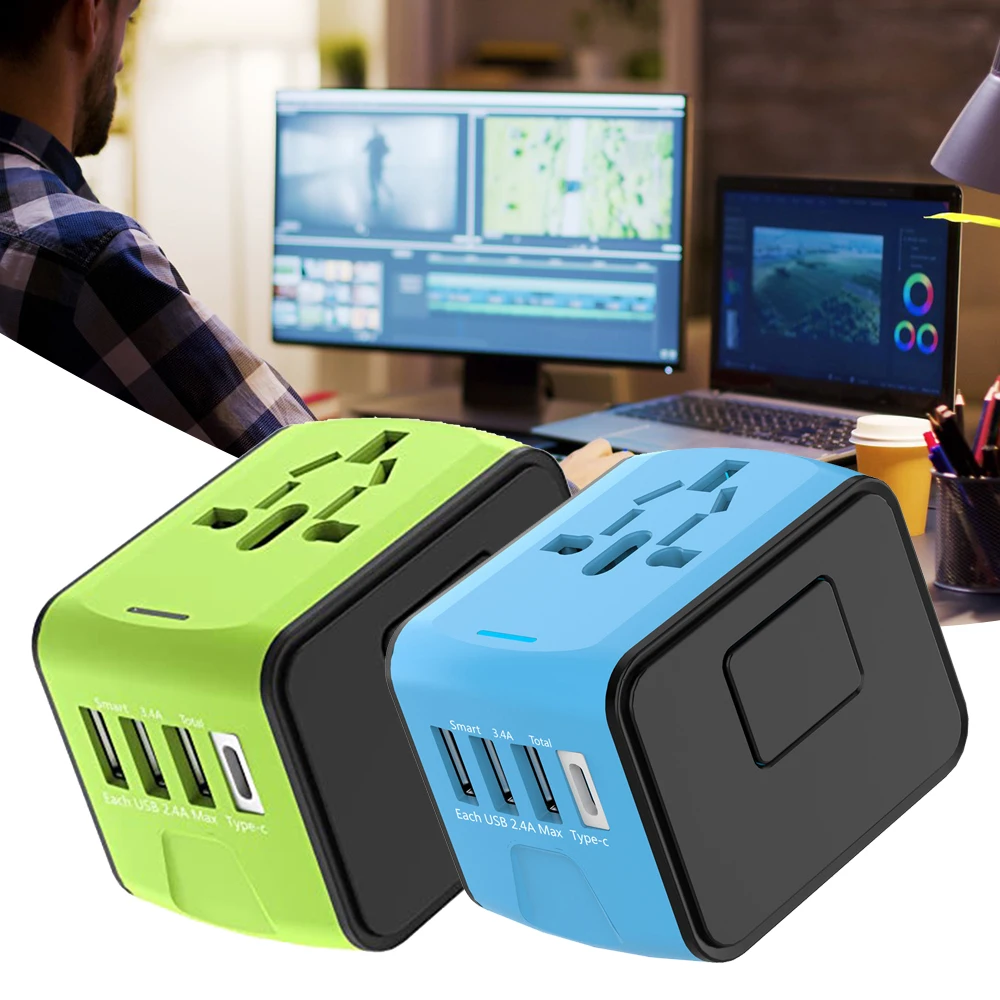 Adaptador Universal de Viagem com 4 Tomadas USB, Conversor Universal Tomada, Acessórios Eletrônicos,