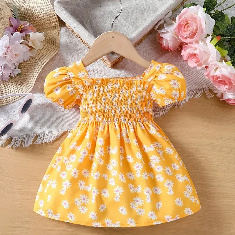 Sommer Baby Kleid für Mädchen Gänseblümchen Rüschen Kurzarm Baby Vintage Kleider süßen Druck