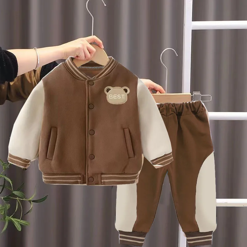 Frühling Herbst Baby Jungen Cartoon Bär Spleißen Stil Baseball Mantel Hose 2 Stück Anzug für Kinder