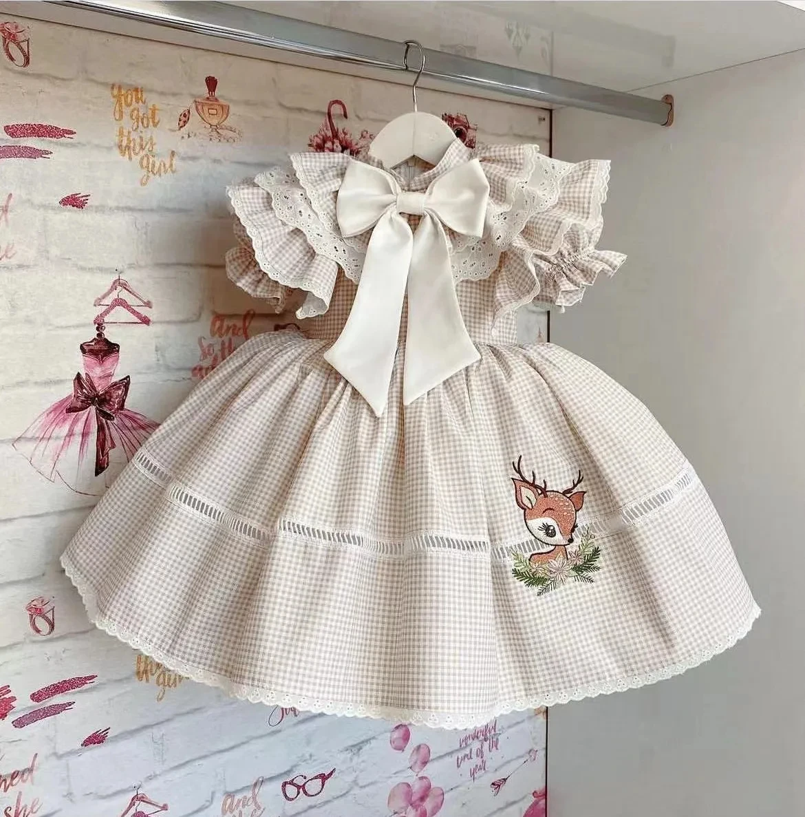 Baby Mädchen SommerBeige Plaid Hirsch Stickerei Türkische Vintage Ballkleid Prinzessin Kleid für