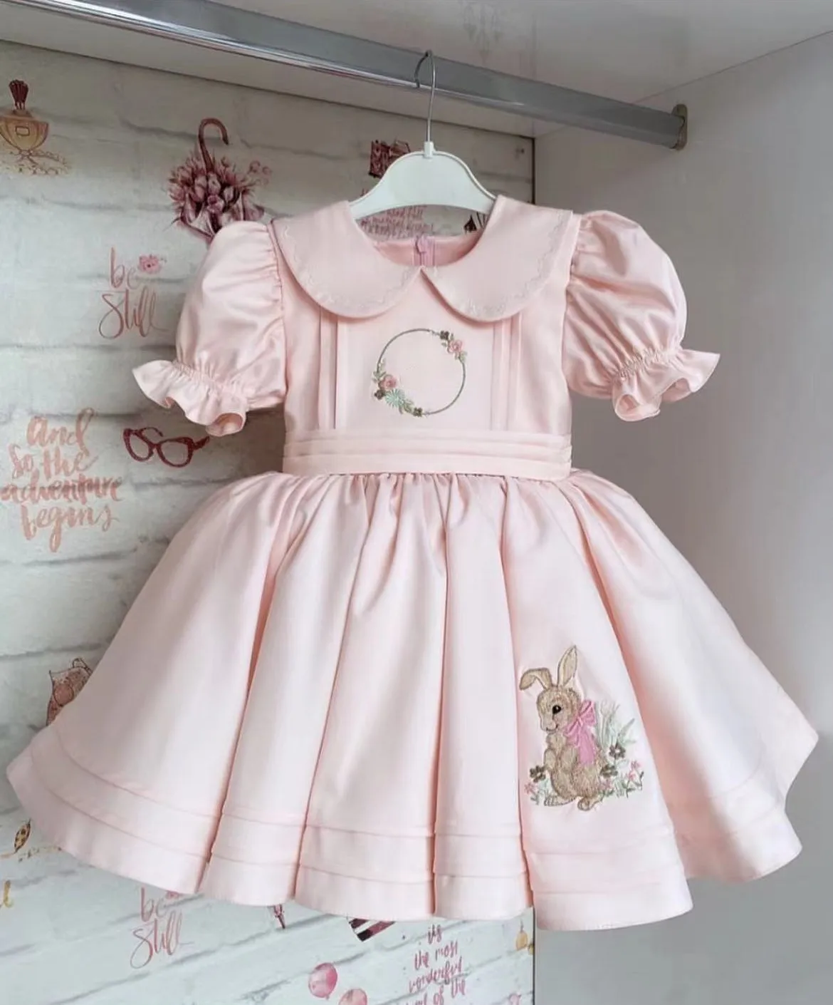 0-12Y Baby Mädchen Sommer Rosa Kaninchen Stickerei Türkische Vintage Lolita Prinzessin Ballkleid