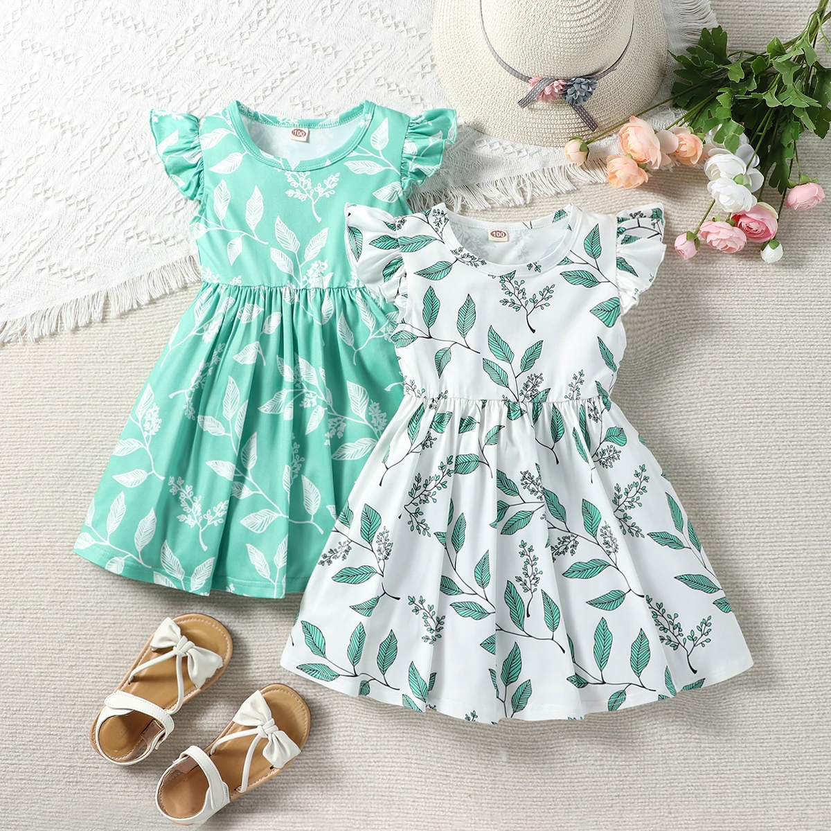 Zweiteiliges Sommer mädchen blatt Voll druck Fliegen ärmel zweiteiliges Kleid Mädchen Baby süßes und