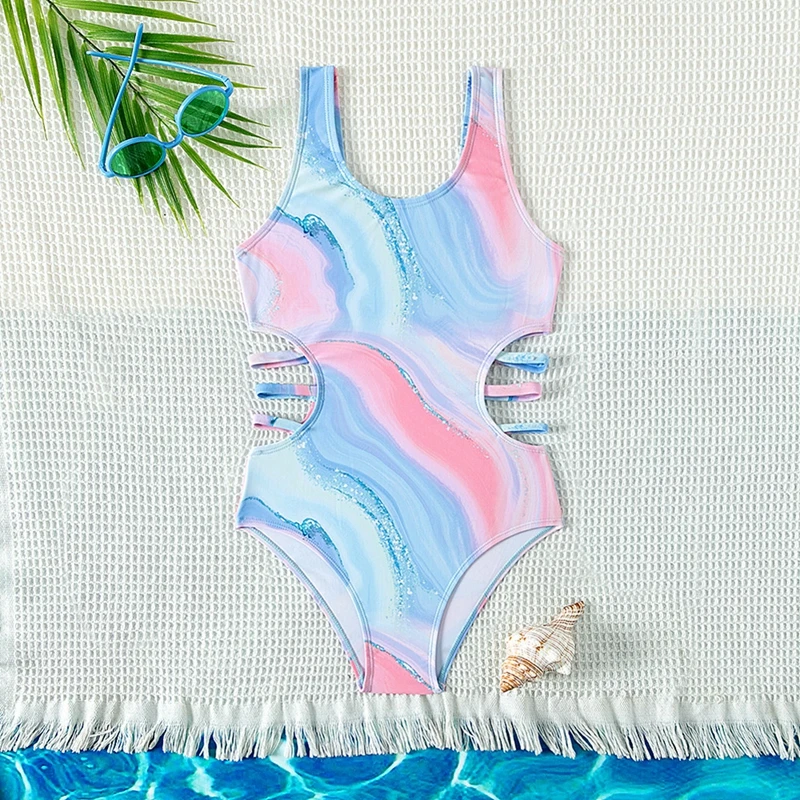 Einteilige Mädchen Badeanzüge 5-14 Jahre Baby Tie-Dye bedruckte taillen lose Bade bekleidung Sommer