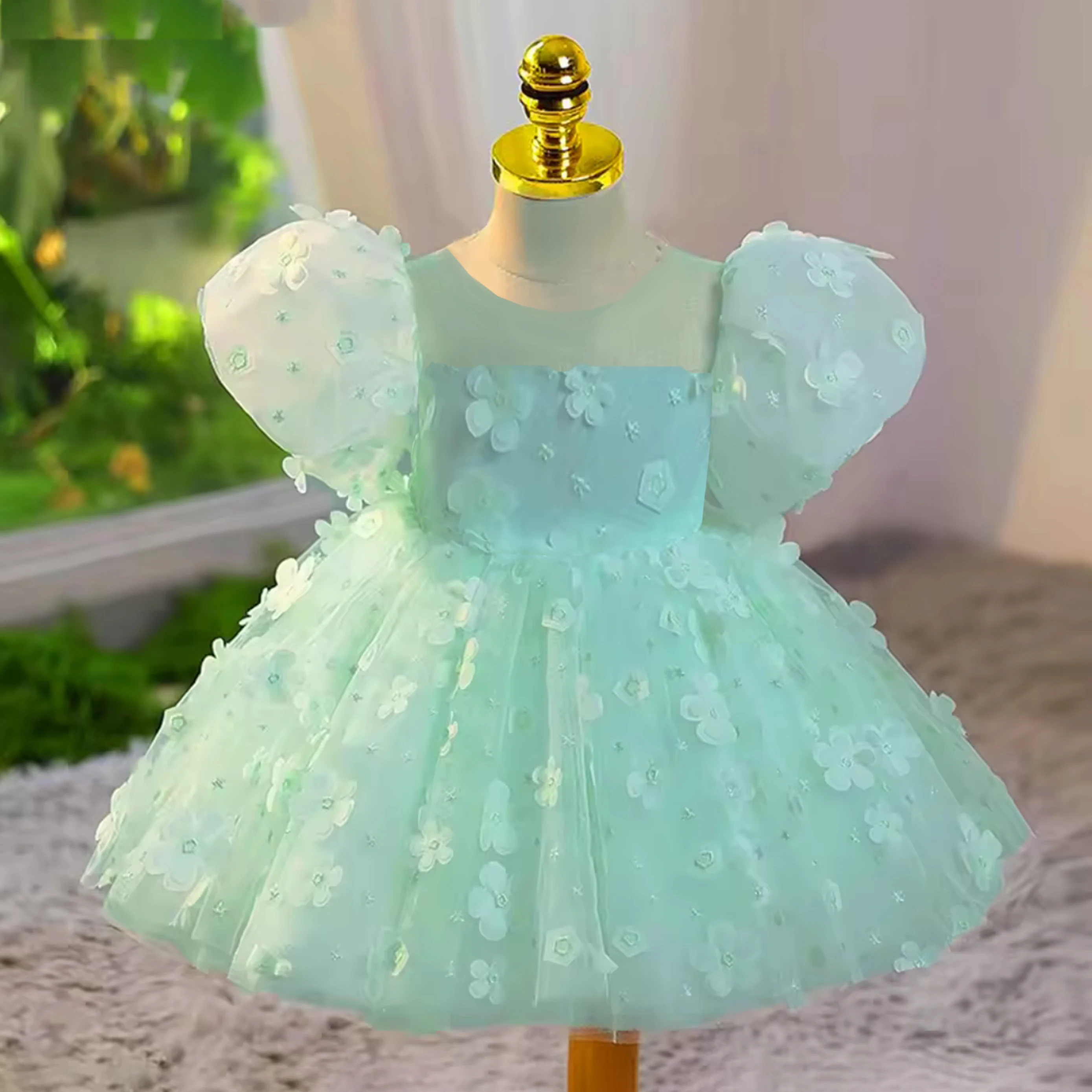 Kleinkind Baby Blume Party Kleid Puff Ärmel Blumen Taufe Hochzeit 1. Geburtstag Bogen Spitze