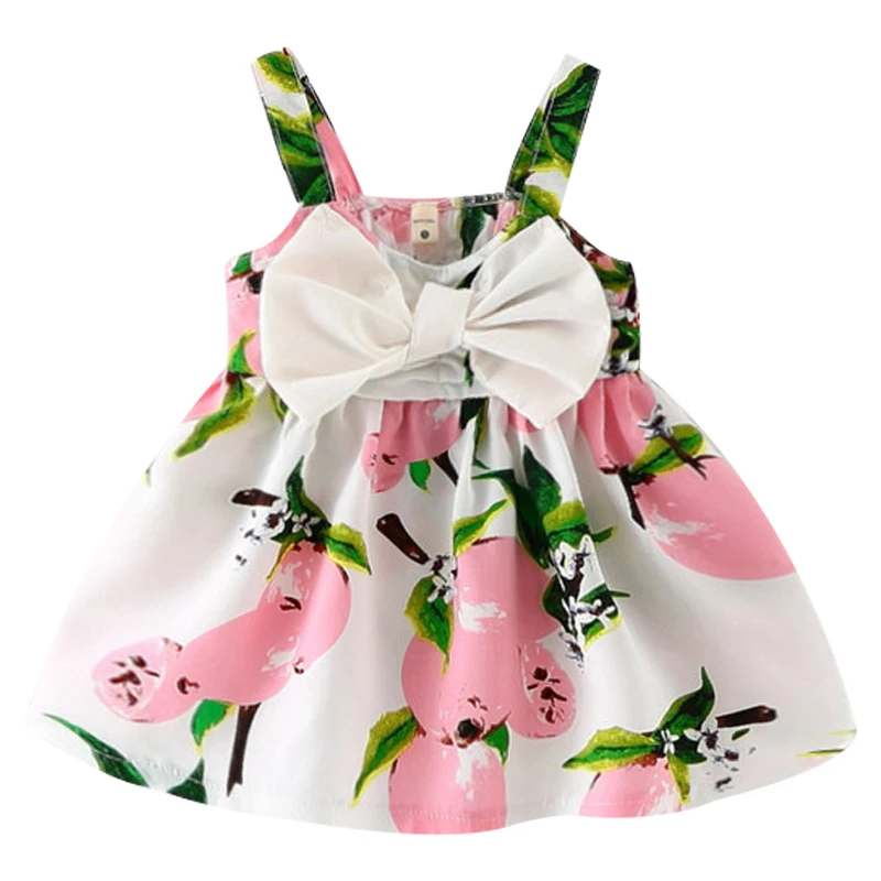 Sommer 0-5t Baby Mädchen niedlichen Frucht muster Bogen ärmelloses Kleid lässig Kleinkind