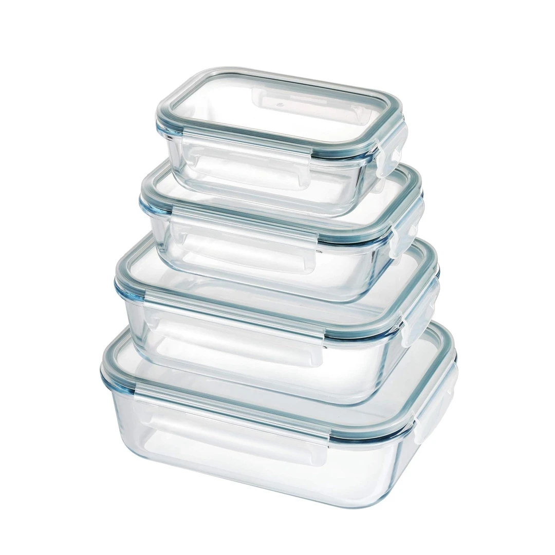 MAXHOME * Set 4 rechthoekige borosilic dozen 370-600-1000-1500 ml glazen voedselopslagcontainerset
