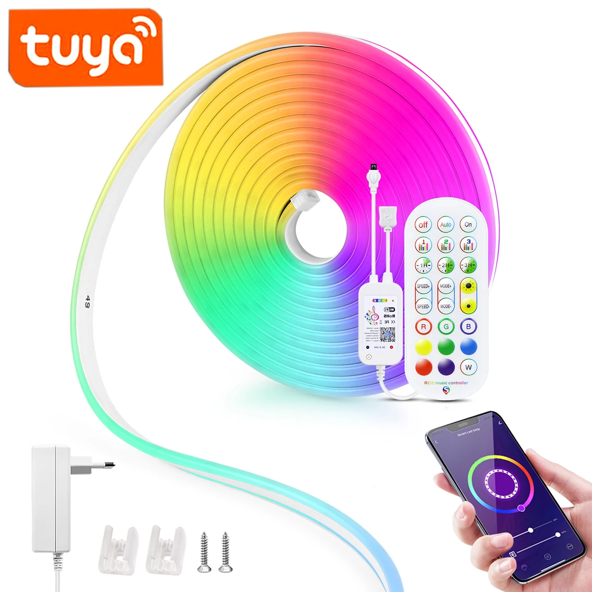 12/24V EU-stekker WiFi RGB Neon LED-strip, 1/2/3/4/5/10/15M Neon RGB-strip Werk met Tuya / Smart Life / Alexa / Google Home Deco