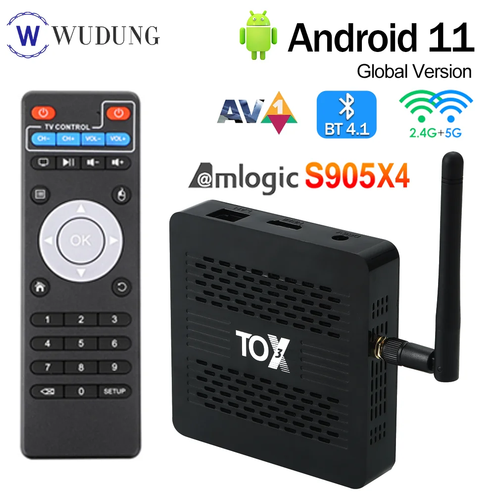 Original tox3 tv box amlogic s905x4 android11 4gb ram 32gb rom bt av1 1000m lan 2 t2r wifi 2,4g & 5g