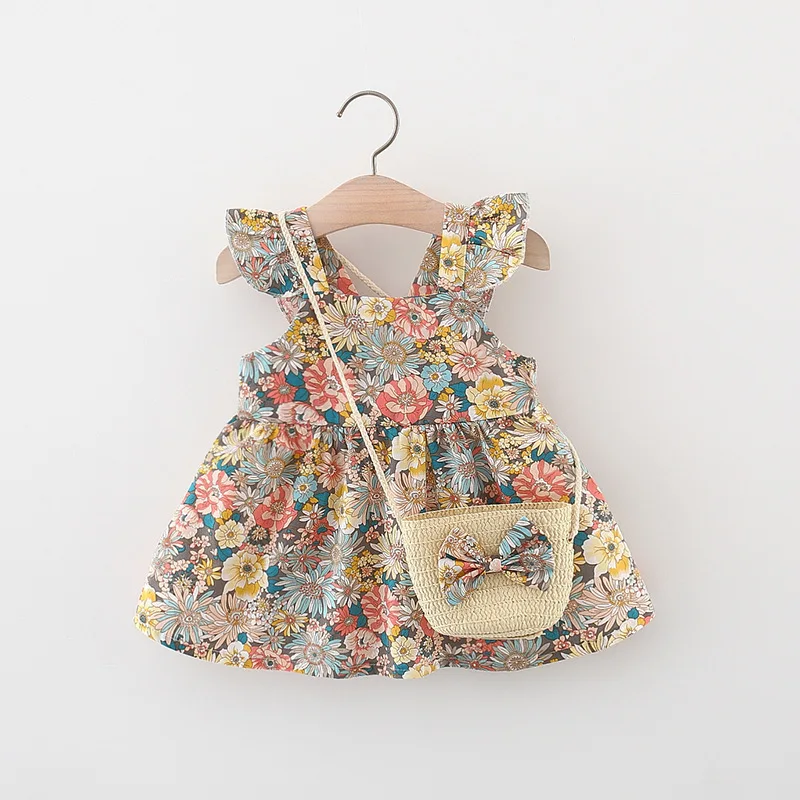 2 Stück Sommer neues Baby kleid modisches Baumwoll kleid mit Blumen ärmeln und Umhängetasche für