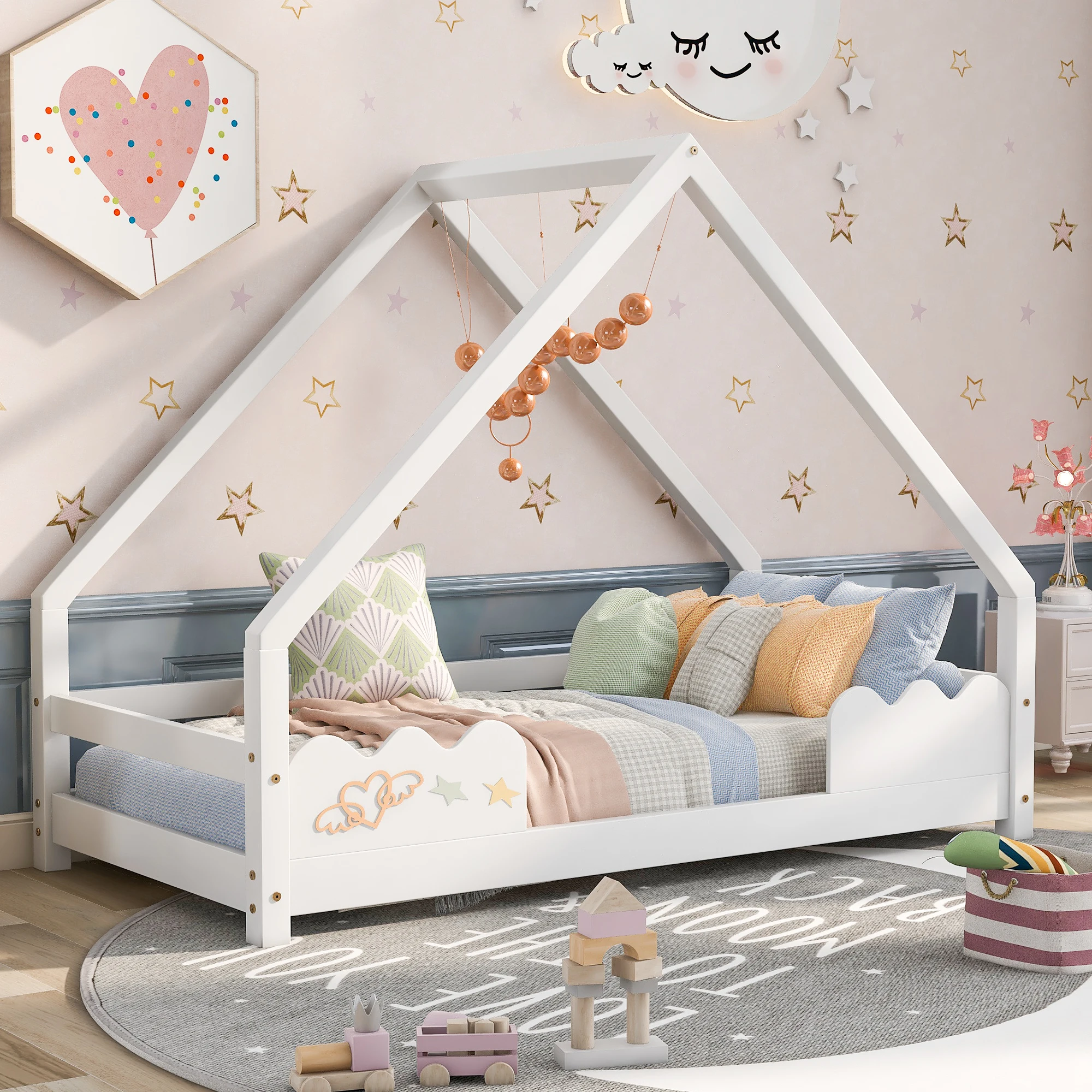 Massivholz Kinderbett mit Rausfallschutz, Hausbett Spielbett 80x160cm, Jugendbett,