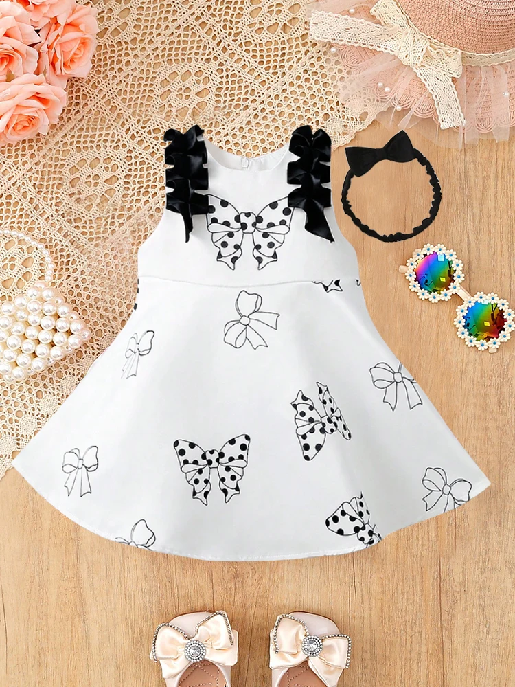 2 stücke Sommer Baby Bogen Spitze hängen Kleid schwarz und weiß + Bogen Stirnband Kind Zubehör