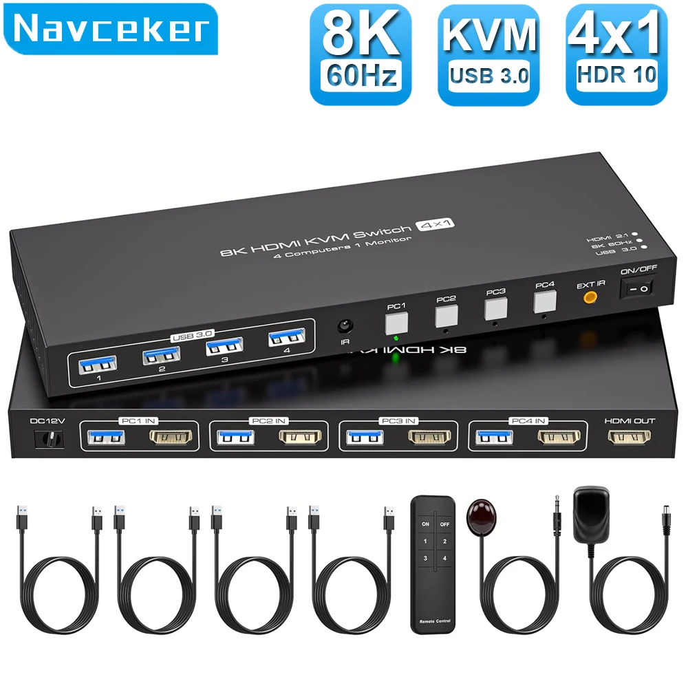 Navceker 8k hdmi kvm switch 1 überwacht 4 computer 4k 144hz 4x1 usb 3,0 kvm switch für 4 pc share