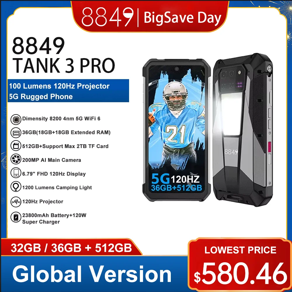 8849 Tank 3 Pro von Unihertz Robustes Smartphone 5G mit 100 Lumen Projektor 32/36 GB 512 GB 23800
