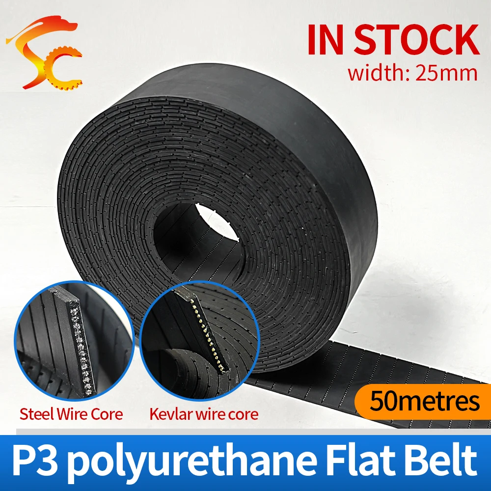 50m p3 flache Riemen breite 25mm Dicke 3mm Farbe schwarzes Polyurethan mit Stahl kern für Fitness