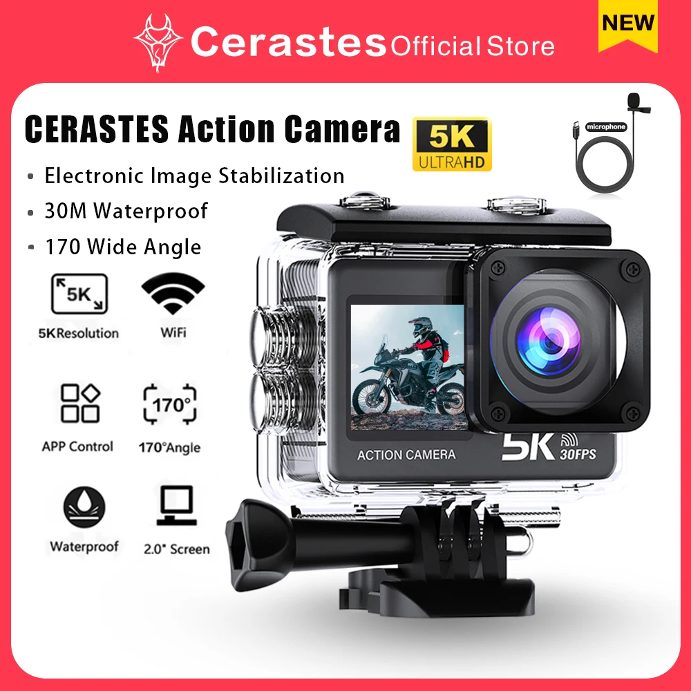 CERASTES Action-Kamera 5K 4K 60FPS WiFi Anti-Shake Dual Screen 170 °   Weitwinkel 30 m wasserdichte