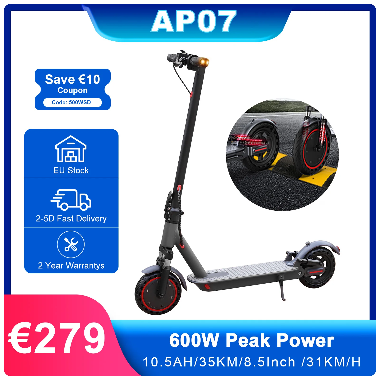 JUICEASE AP07 600W elektrische scooter 31 km/u richtingaanwijzer dubbele schokabsorptie volwassenen Escooter 10.5AH 350W motor e