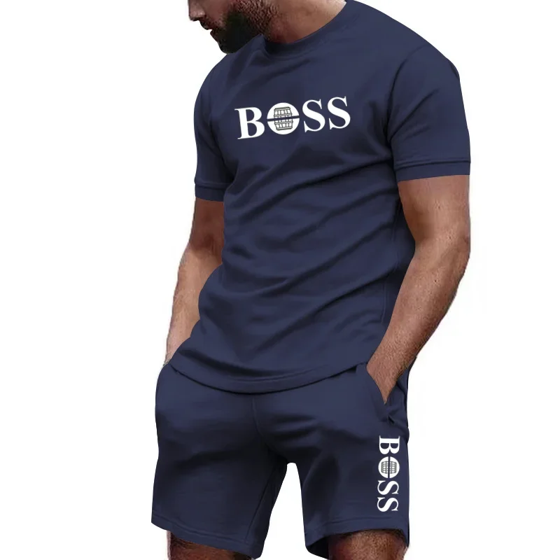 Men's two-piece sportswear, short sleeved T-shirt and pants set, running and fitness sportswear,