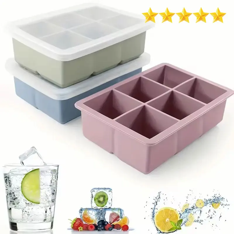 【Hot sales】1pc, Ice Cube Tray With Lid, 6 Cavity Flexible Food Grade Silicone Ice Cube Mold, Ice