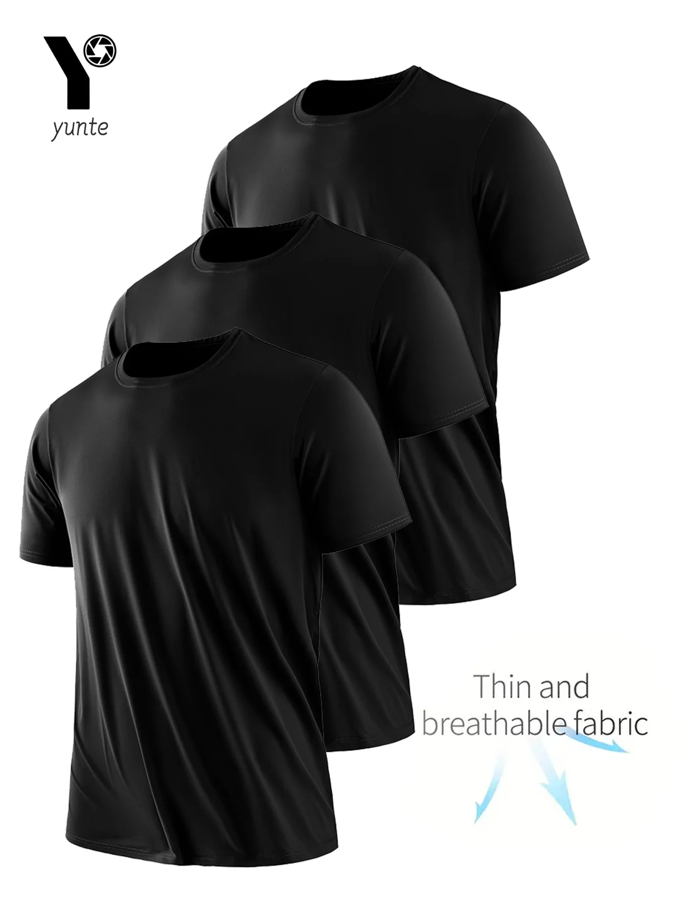 Round Neck T-Shirt 3-Piece Black Ultra-Light Men's Quick-Drying Breathable Sweat-Absorbent Shirt
