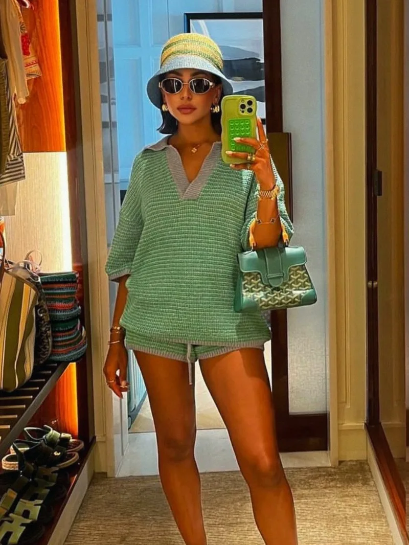 Holiday Retro Shorts Suit Summer New Women V Neck Knitted Tops Casual Lace Up Shorts Korean Fashion