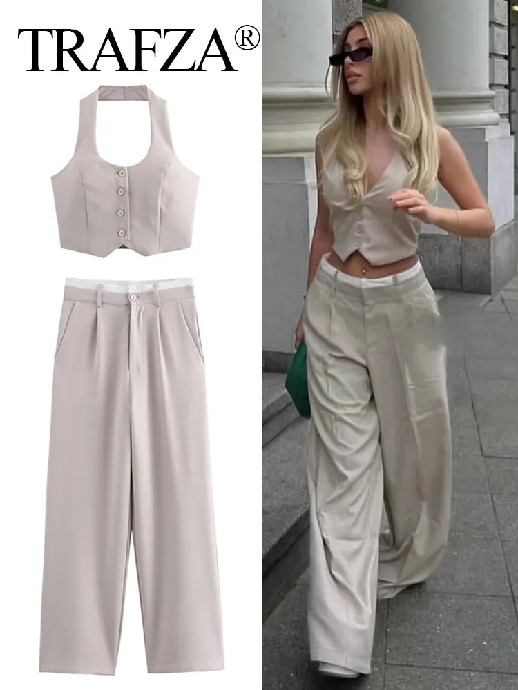 TRAFZA Women Fashion Solid Vest Pant Suit Single Breasted Halter Cropped Vests Top High Waist