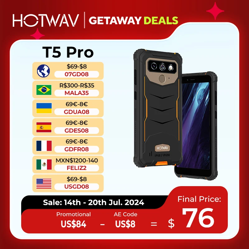 HOTWAV-T5 Pro Smartphone 4G Robusto, Android 12 OS, 6.0 "Tela, 4GB, 32GB, 7500mAh, Bateria Enorme,