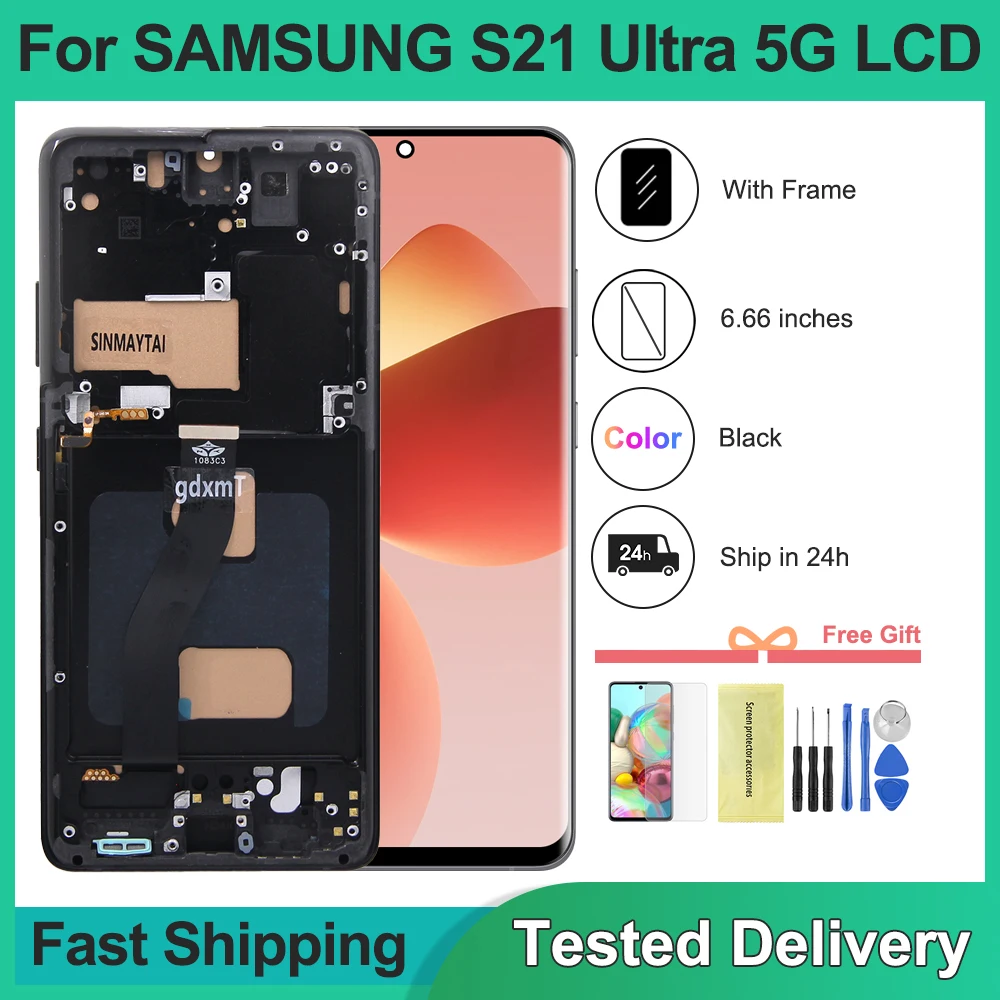 6.66 ''getestet für Samsung S21 Ultra 5G LCD G998 G998U Display Touchscreen mit Rahmen für Samsung
