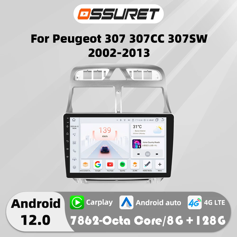 4g Carplay Android Auto Autoradio Stereo für Peugeot 2002 307cc 307sw 2009-2013 Multimedia-Player
