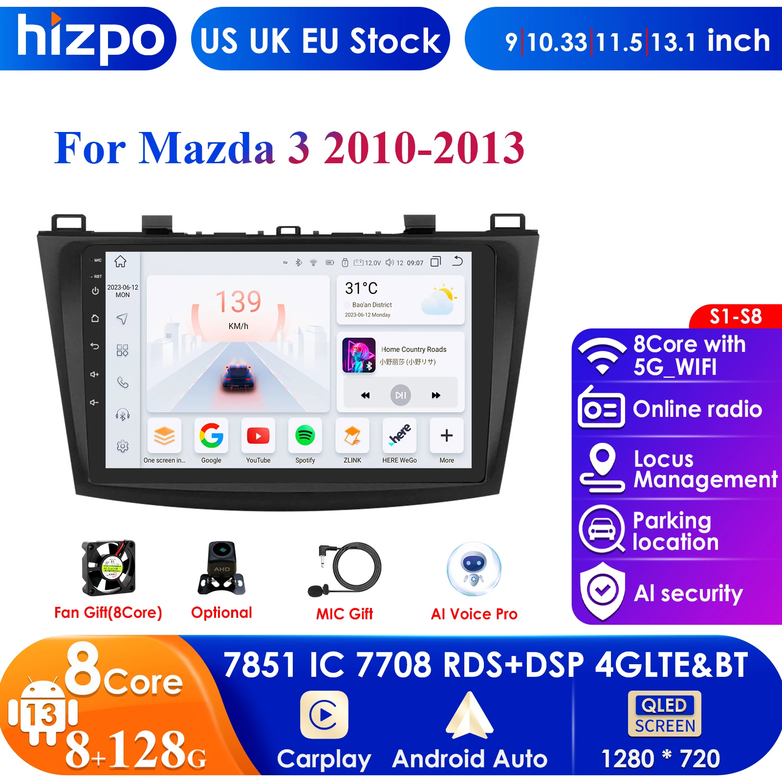 Carplay 4g dsp 7862 qled bildschirm 2din android 13 autoradio für mazda 3 2010 2011 2012 2013