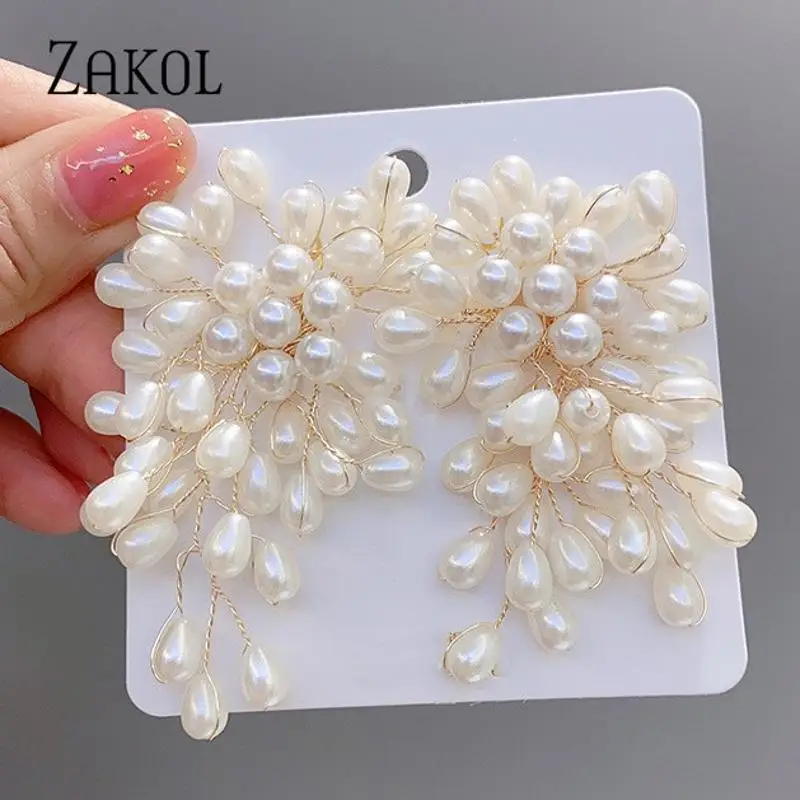 ZAKOL Temperament Imitation Pearl Flower Earrings Bridal Sweet Handmade Beading Earring Wedding