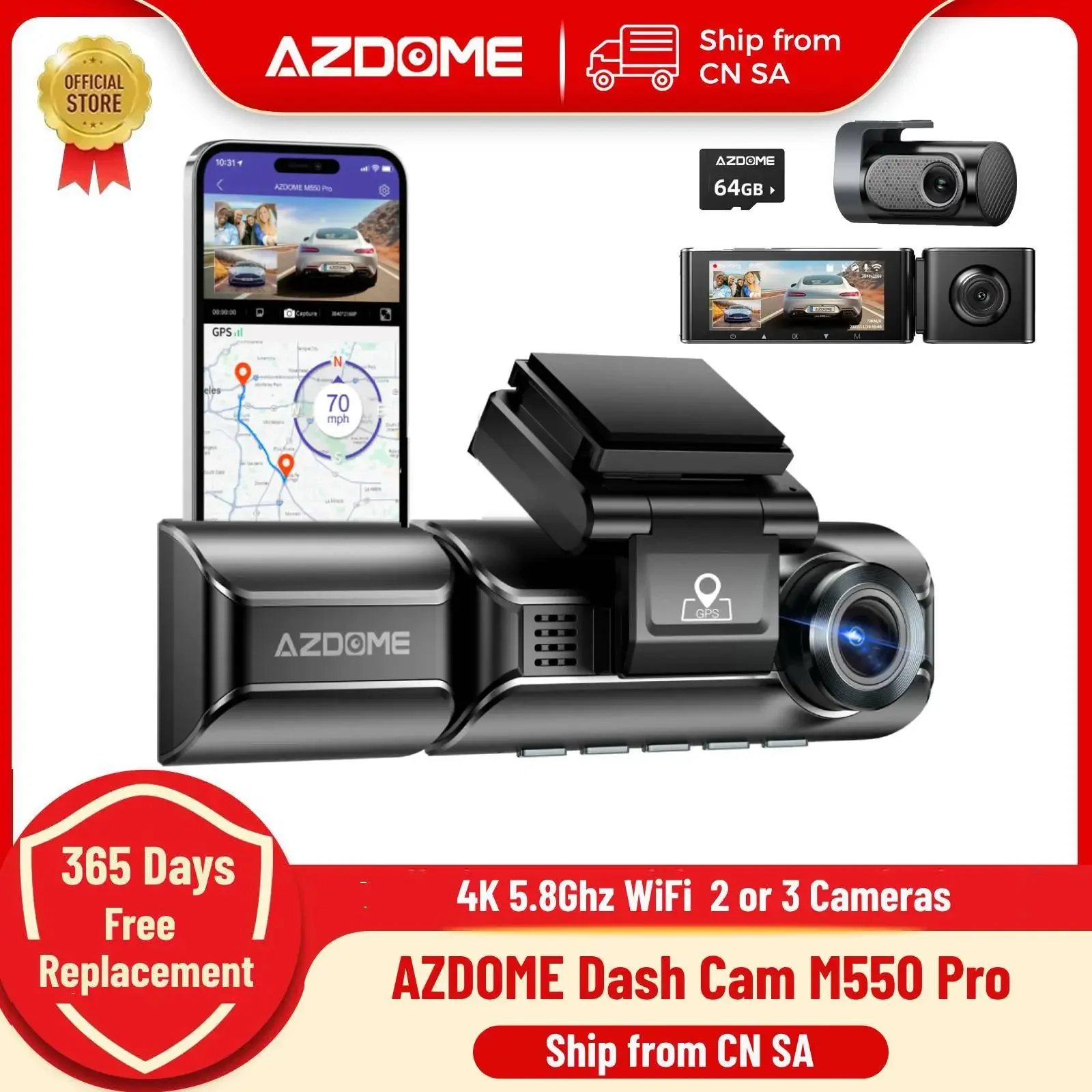 Upgrade AZDOME M550 Pro Auto-DVR-Dashcam 4K 5,8 GHz WiFi 2/3 Kameras Vorder-/Kabine-/Heckkamera