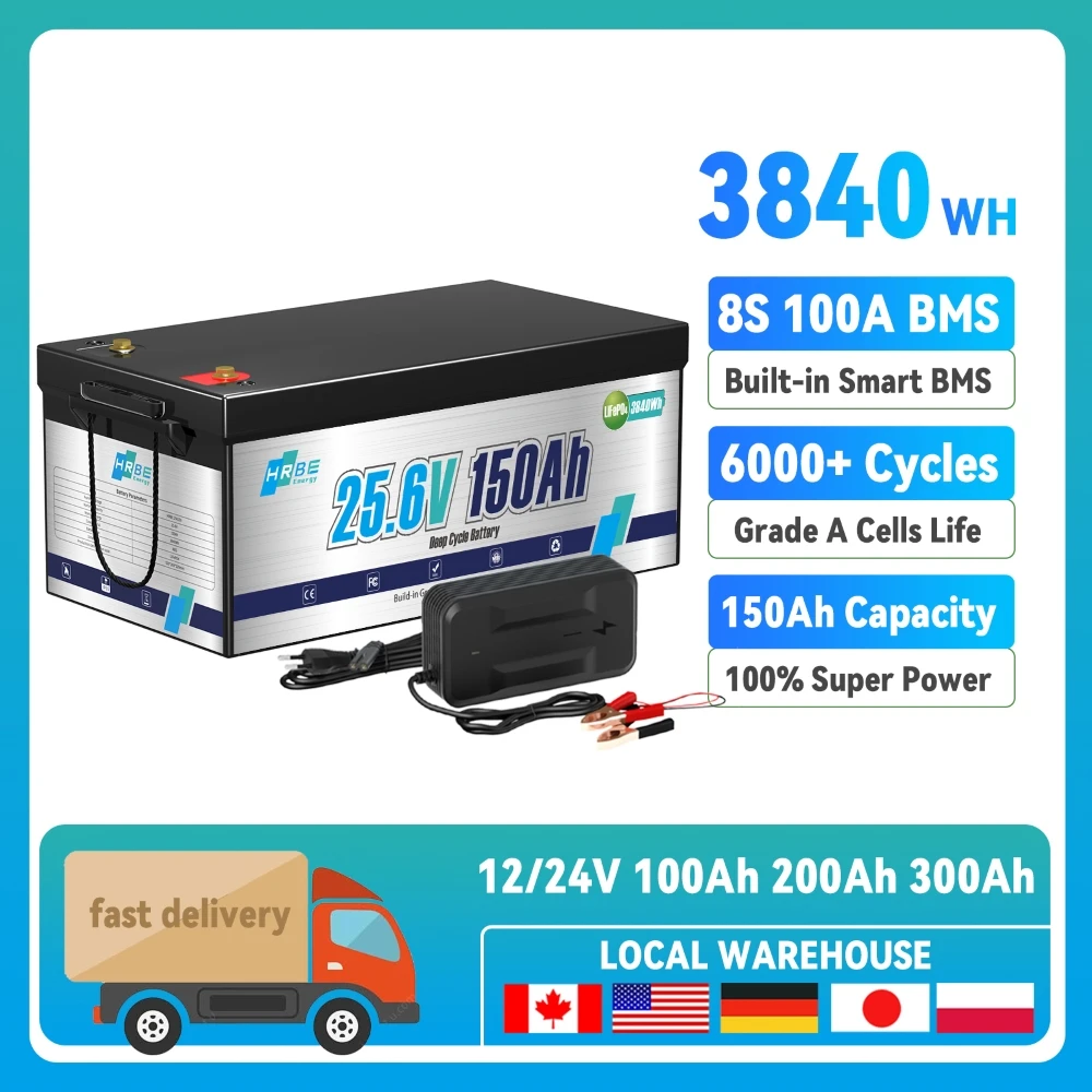 24V 100Ah 50Ah LiFePO4-Batterie, Lithiumbatterien mit 100A BMS, 6000+ wiederaufladbare Deep Cycles,