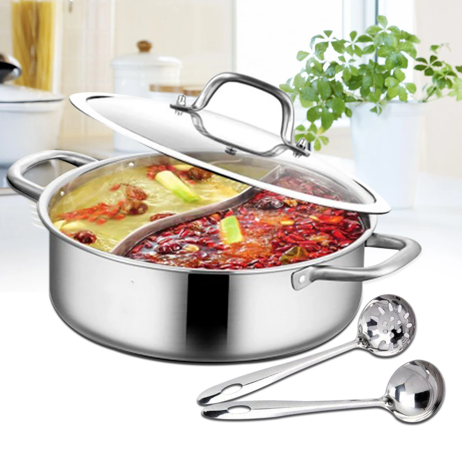 304 Shabu Shabu Hot Pot aus Edelstahl in Lebensmittel qualität mit Trennwand und Deckel mit 2 Suppen