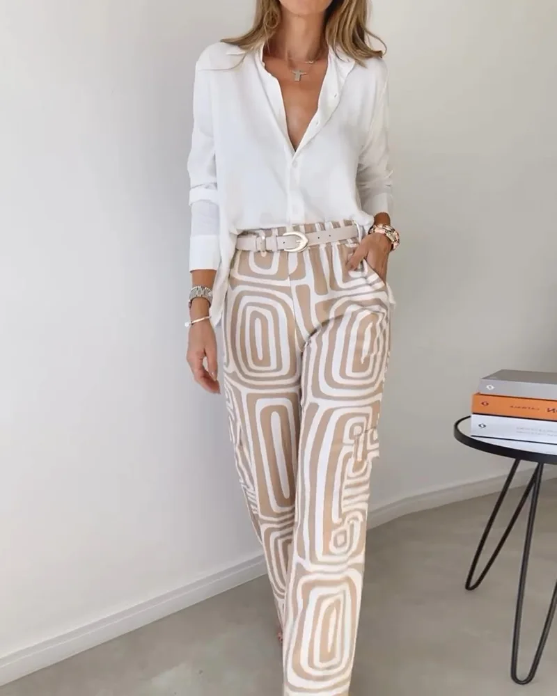 Elegante Büro Dame Casual Anzug Fashion Solid Langarm Revers Hemd Elastische Taille Druck Hosen Zwei