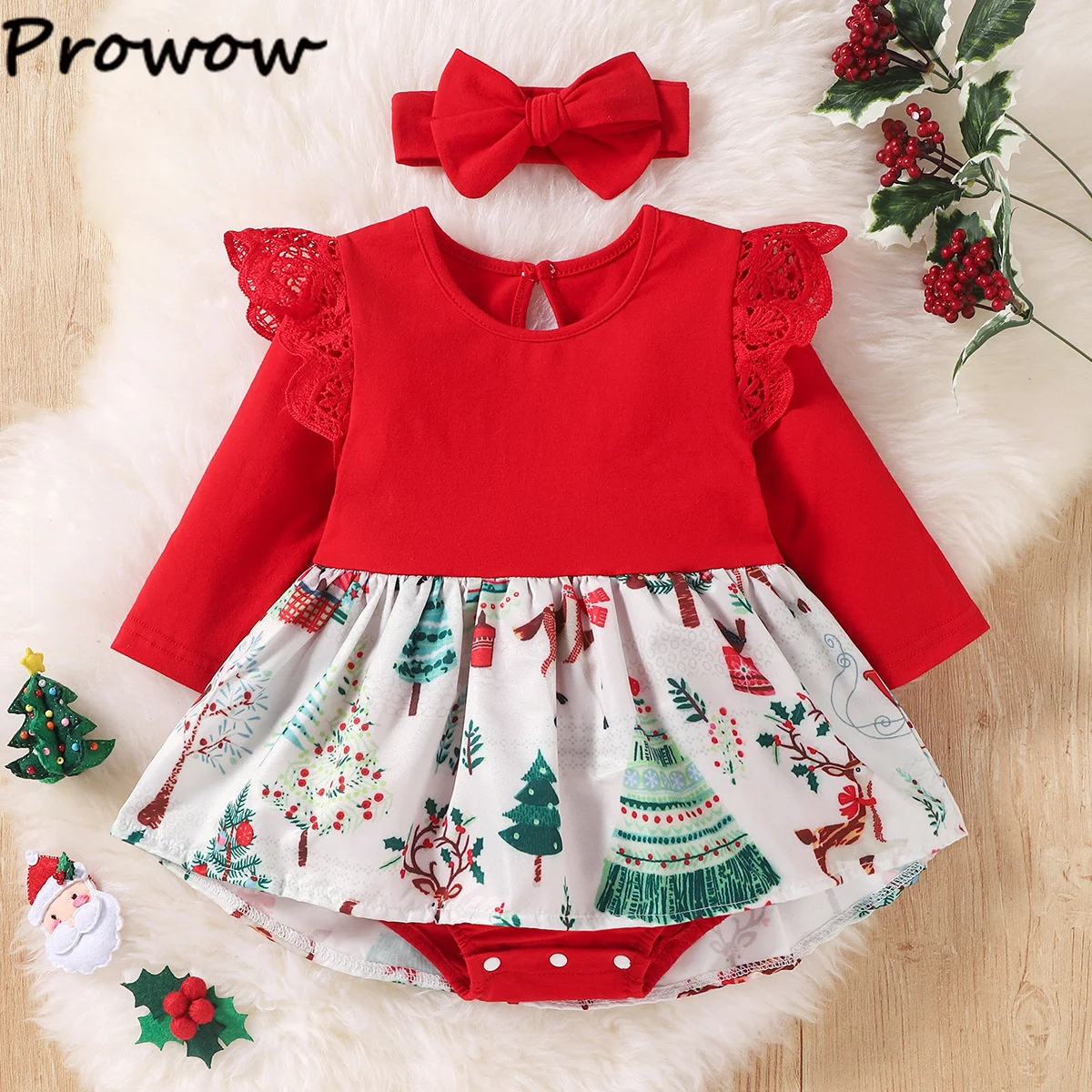 Prowow Baby Weihnachts kleider Spitzen ärmel rot Weihnachten gedruckt Bodysuit Kleid für Neujahr