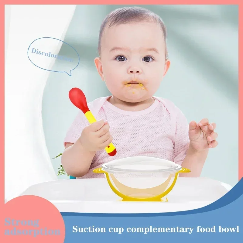 Babysc halen mit Saug boden, auslaufs icherem Deckel, Temperatur füll löffel, binaurale Designs