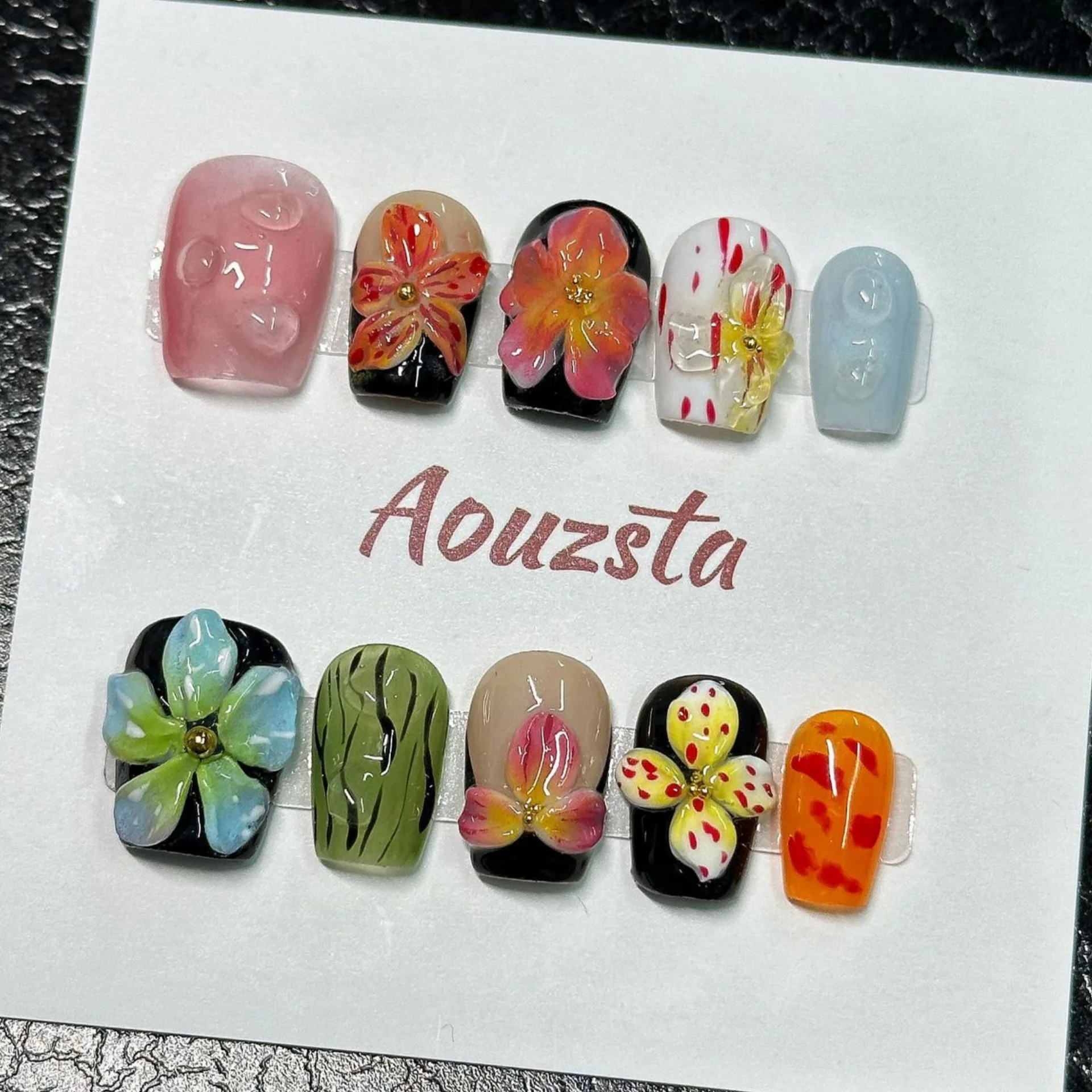 10 stuks handgemaakte pers op nagels zwart roze Franse stijl kunstnagels met handgeschilderde 3D
