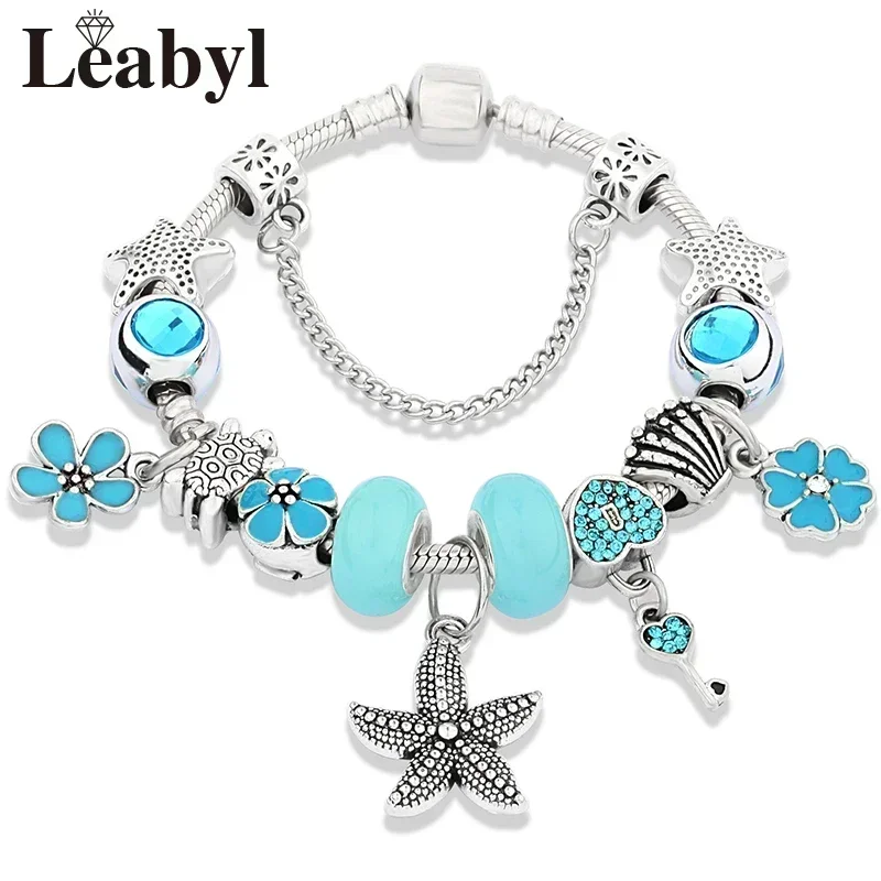 Ozean Serie Schildkröte Seestern Charme Armband blaue Blume Herz Schloss DIY Perlen Armband Silber