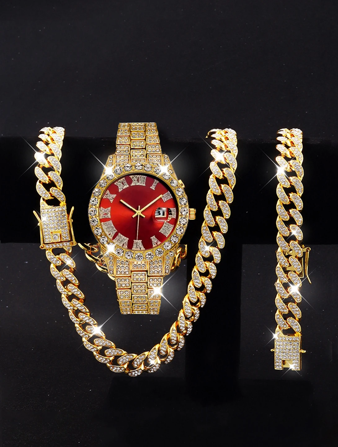 3PCS luxury alloy full diamond rhinestone mirror men's quartz watch with calendar and Hip Hop Cuban