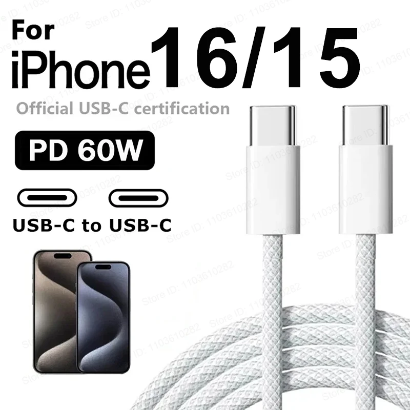 Original 60W PD USB-C to USB C Fast Charger Cable For Apple iPhone 16 Pro Max 15 Plus Type C Quick