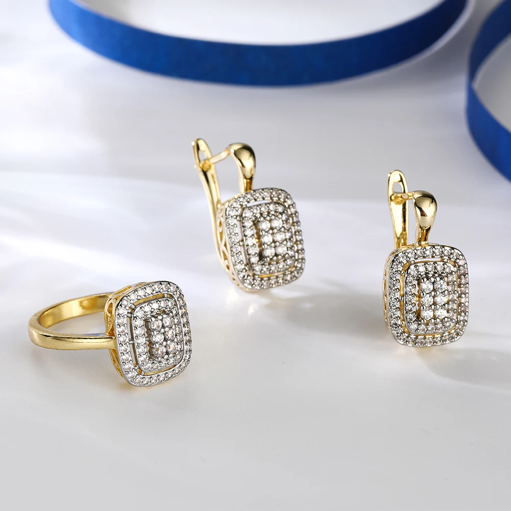 Classic square design inlaid stones two -color earrings rings set copper plated 14K gold fashion