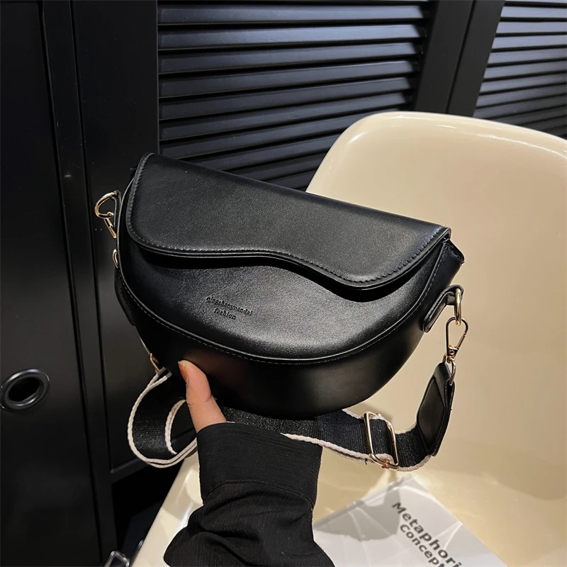 Women Vintage Solid Color Flap Small Saddle Shoulder Underarm Bag Fashion PU Leather Wide Strap