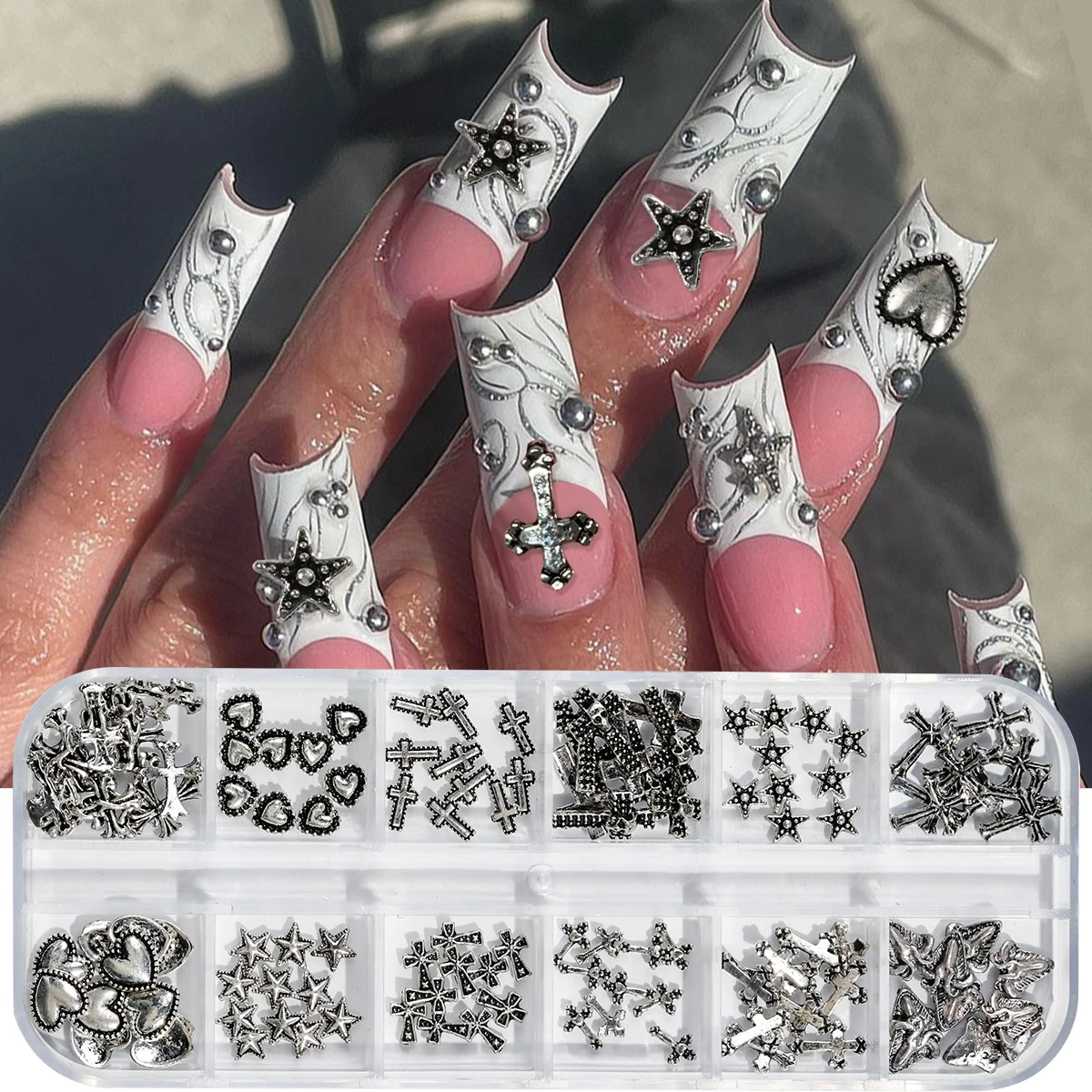 12 Grids Vintage Cross Shaped Zinc Alloy Jewelry Nails Supplies Heart&Star Shaped Metal y2k Nail Art