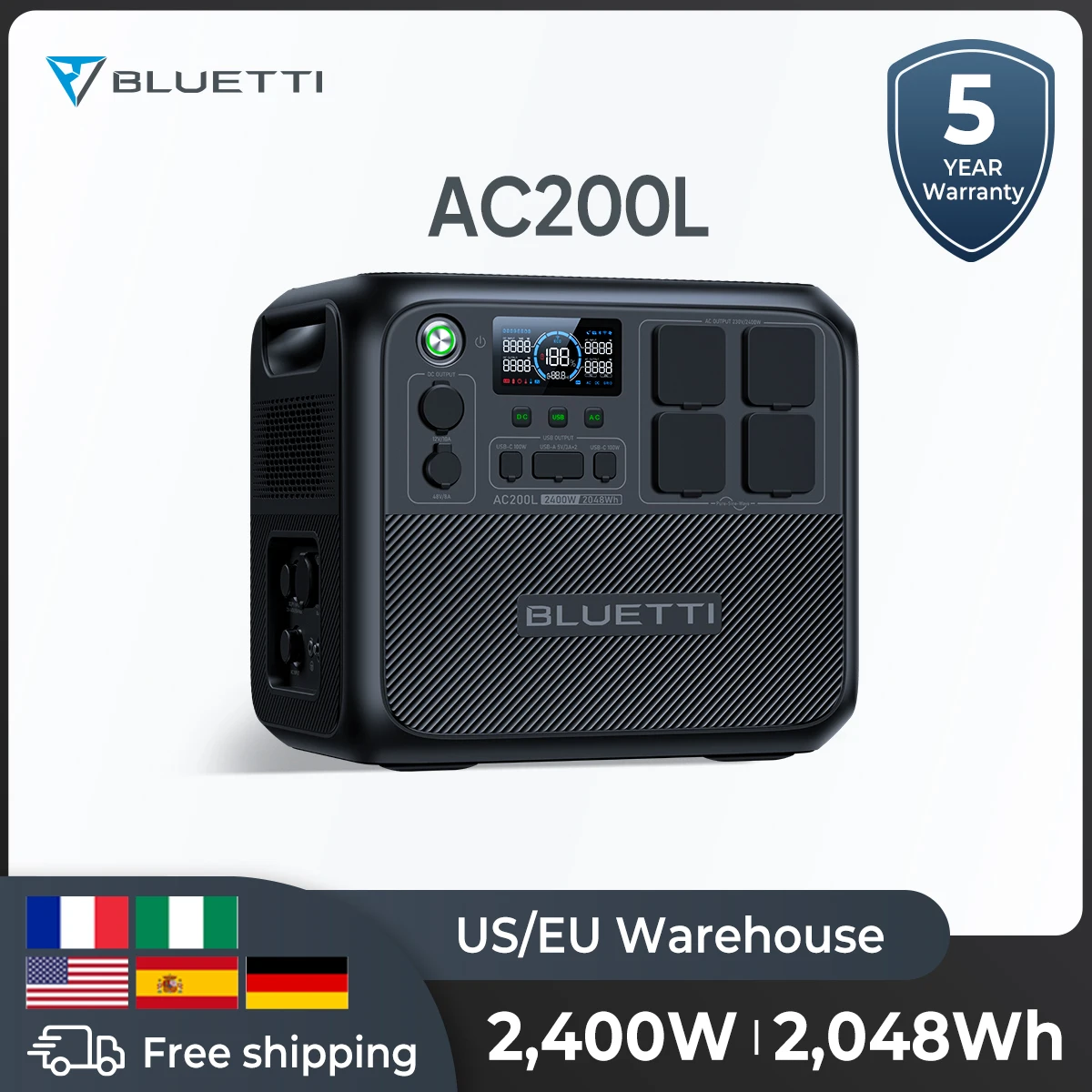 Bluetti AC200L EU Stecker 2400W 2048Wh Tragbare Kraftwerk Solar Generator Heimgebrauch UPS Camping
