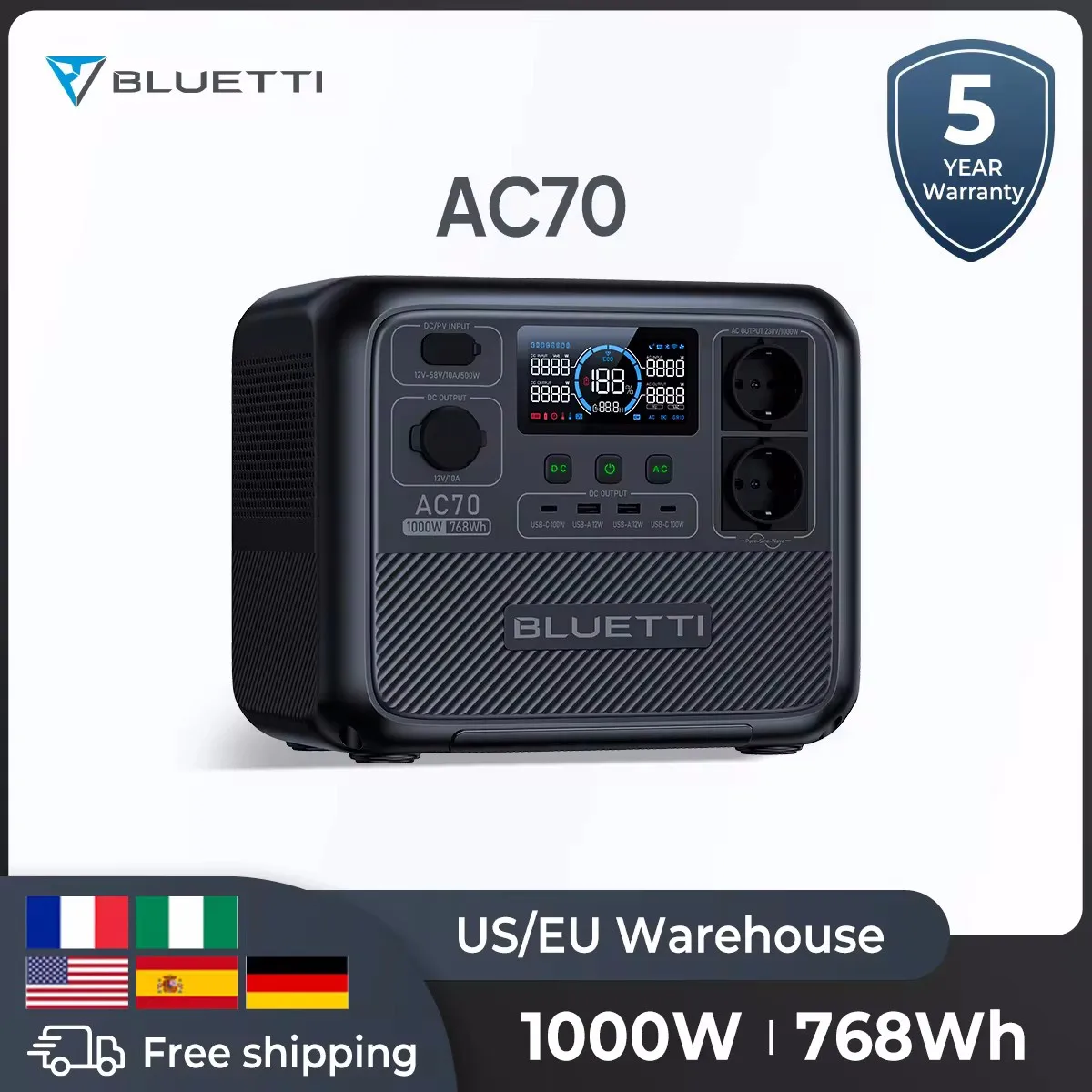 Bluetti ac70 eu stecker tragbares kraftwerk 1000w 768wh lifepo4 batterie solargenerator für camping