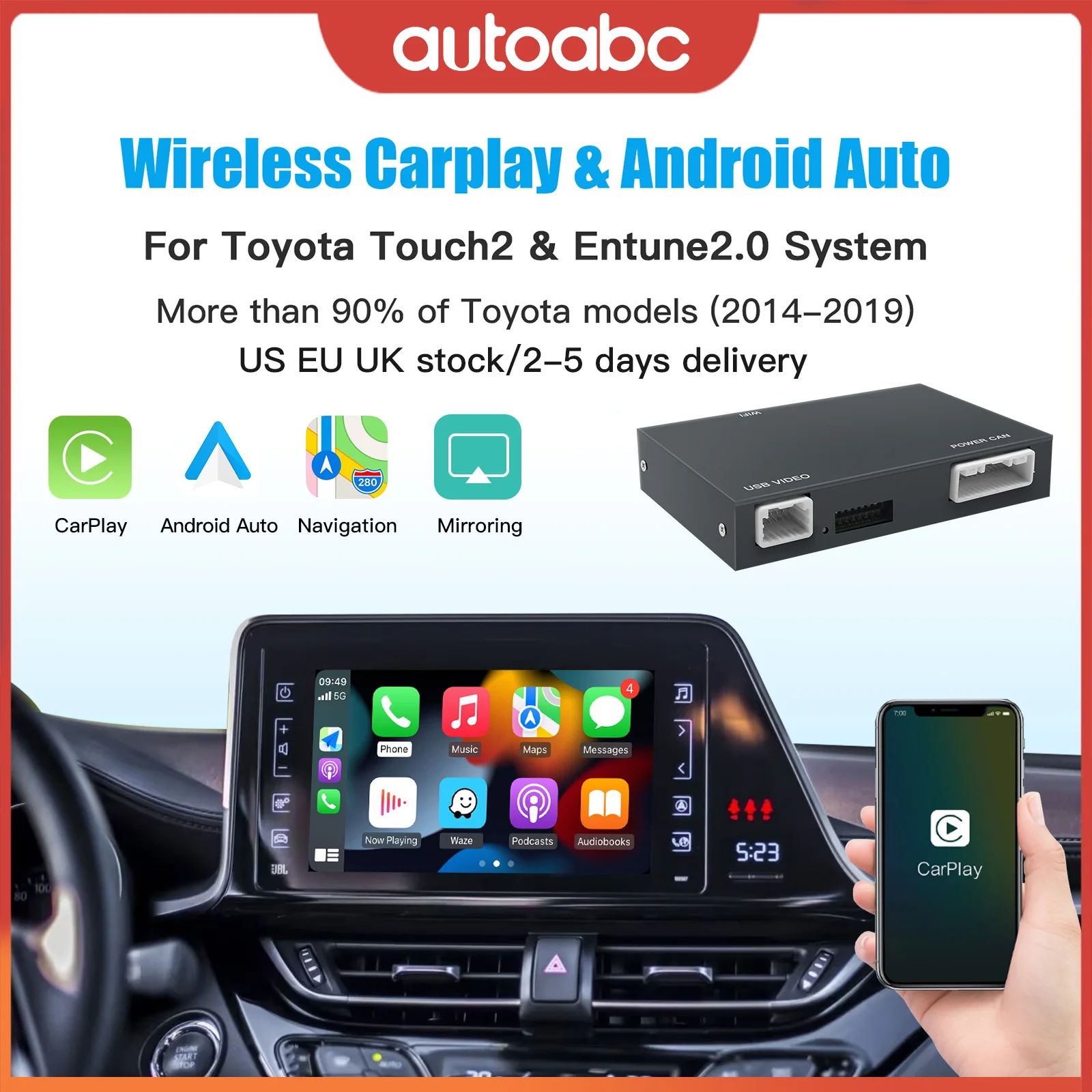 Kabelloses Apple Carplay Android Auto für Toyota Yaris RAV4 Corolla Aygo Tacoma Camry C-HR Tundra