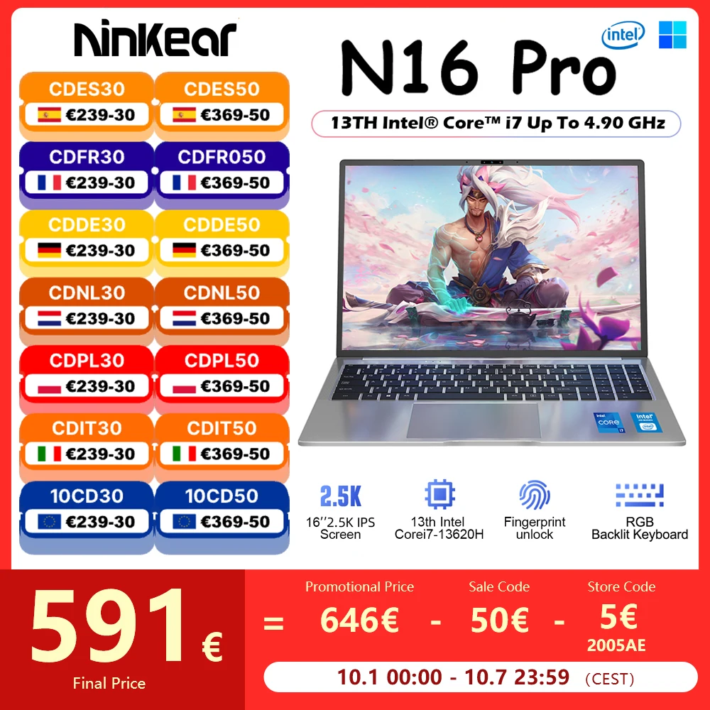 Ninkear n16 pro Laptop Intel Core i7-13620H WLAN 6 2,5 k 165Hz 32GB DDR4 1TB SSD Windows 11 Gaming