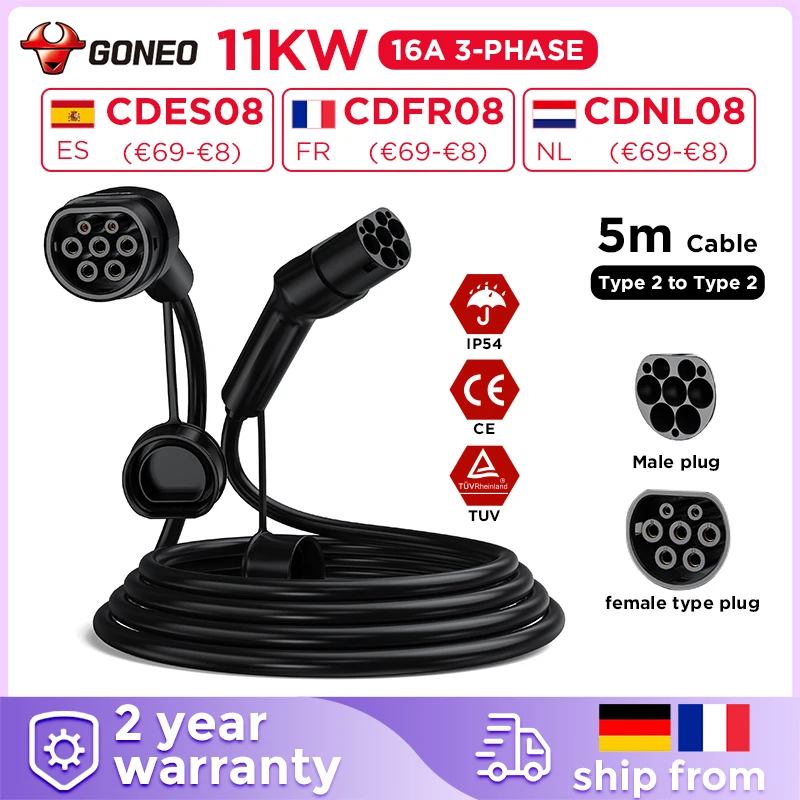 Goneo Elektro auto Ladekabel Typ 2 dreiphasig, 22kW/11kW 32A/16A 7m/5m Typ 2 auf Typ 2 EV/Phev