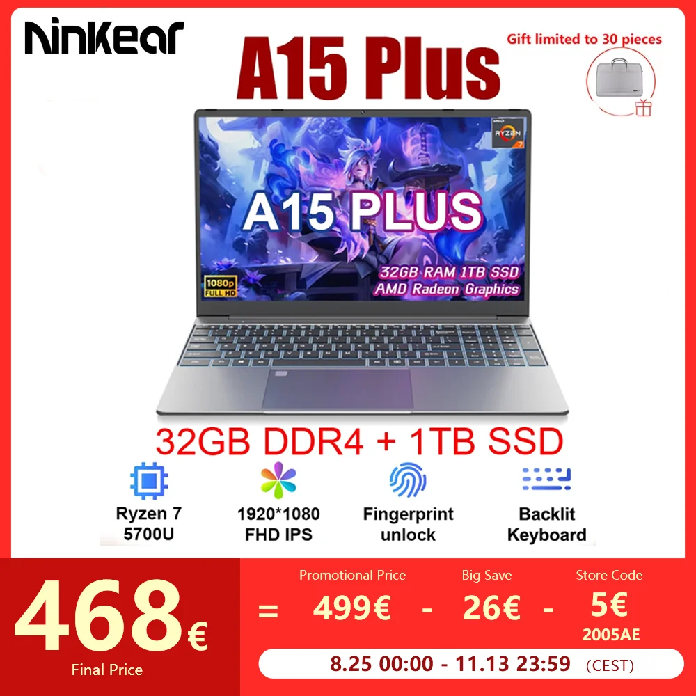 Ninkear A15 Plus-laptop 15,6" IPS FHD AMD Ryzen ™   7 5825U Notebook 32G DDR4 1 TB SSD 57WH Windows 11 Gaming Computer Note